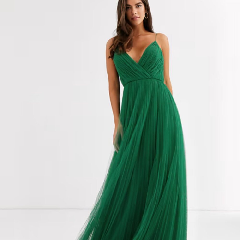 ASOS DESIGN Curve cami pleated tulle maxi dress - Forest Green - SZ 18
